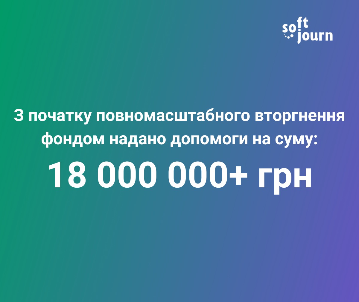 На момент грудня 2023 року фонд Softjourn надав допомоги на суму більше ніж 18 000 000 грн. На ці кошти закупали десятки автомобілів, дронів, рацій, зарядних станцій, телефонів та планшетів, спорядження, медикаментів, пристроїв нічного та тепловізійного бачення. А також фінансово підтримували своїх співробітників, що боронять державу, та сім’ї полеглих колег. 
