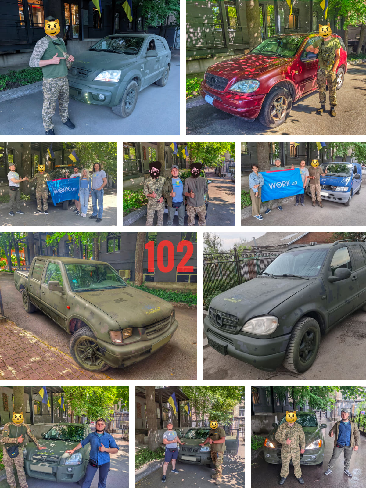 У червні 2023 року команда Work.ua виконала 27 волонтерських завдань, закупила й передала необхідну техніку для військових, співпрацювала з благодійними організаціями та фондами на суму 2,3 мільйона гривень.

Автомобілі

Компанія продовжила постачати автомобільну техніку і цього місяця купила, відремонтувала й передала 10 позашляховиків, бусів, пікапів.

Машини перебували на Куп’янському, Лиманському, Бахмутському та інших напрямках.

Окрім того, у червні команда Work.ua відправила на поміч ЗСУ 100-й автомобіль.

Додатково компанія вклала майже 170 000 грн у ремонт і оснащення гумою вантажівки DAF, а також допомогла в ремонті мотора на службовому позашляховику.

Техніка

За запитом військових минулого місяця передали:

- Ретранслятор Motorola SLR5500 Set VHF для підсилення зв’язку командного пункту і бійців у наступі + дуплексер і комплект антен.
- 2 квадрокоптери Mavic-3. 
- Монокуляр нічного бачення PVS 14 для штурмової бригади.
- Планшет Lenovo і зарядну станцію Bluetti. 
- Воїнам гаубичного взводу навушники та балістичний захист від уламків.
- Розвідникам 15 болторізів для арматури.

Окрім цього, придбали для медиків 2 тренувальні манекени. Для госпіталю в Запоріжжі — 300 комплектів металевих мисок і чашок, 80 гігієнічних наборів (зубні пасти, щітки, станки для гоління). А ще 3 000 комплектів одноразового посуду.

Додатково:

Work.ua продовжував підтримувати:

- Жіночий монастир. Там випікають булочки для бійців ТрО, і для цього компанія щотижнево закуповувала цукор, джеми, родзинки, мак, сухі та пресовані дріжджі, молоко, морожені ягоди тощо.
- Фонд «Вершина добра». У червні йому передали 200 кг ковбасних виробів, які доповнили щоденні обіди 250-300 людей.

Також Work.ua продовжив на системному рівні допомогати Фонду Сергія Притули, забезпечуючи фінансування операційної роботи дніпровського підрозділу.