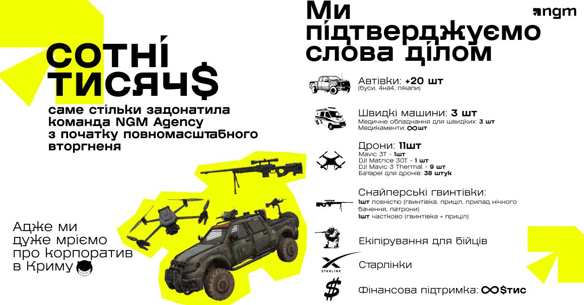 З початку повномасштабного вторгнення команда NGM Agency підтримує ЗСУ та українців у боротьбі з ворогом. Компанія задонатила сотні тисяч доларів, придбала більше 20 автомобілів, 3 машини швидких, 11 дронів, дві снайперські гвинтівки, закуповувала екіпірування для бійців та старлінки. 