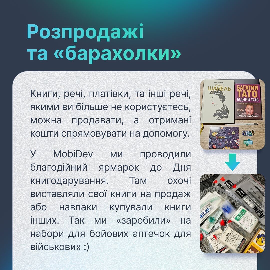 MobiDev проводили благодійний ярмарок до Дня книгодарування. Там охочі виставляли свої книги на продаж або навпаки купували книги інших. Так вдалося заробити на набори для бойових аптечок для військових.