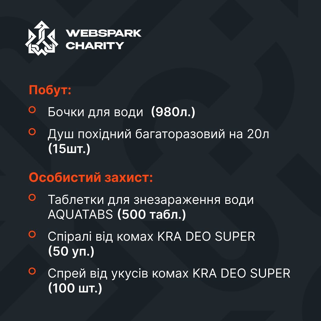 WEBSPARK закупив та передав війську предмети побуту за особистого захисту: діжки та таблетки для очищення води, похідні душі, репеленти тощо.


