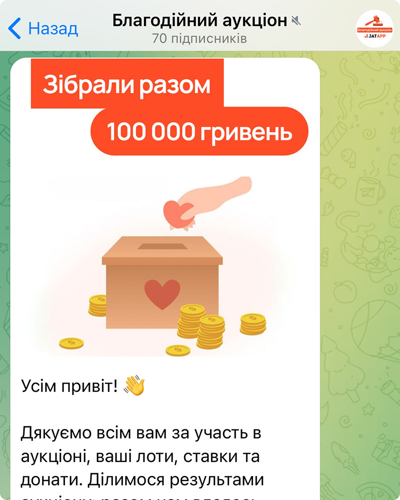 З нагоди 9-річчя компанії та JATAPP Winter Gathering організовували благодійні аукціони, щоб об’єднатися заради важливої мети — збору коштів для військових. Колеги ділилися власними унікальними лотами, а компанія доповнювала їх брендованими. Загалом вдалося зібрати 250 000 грн. Зібрані кошти передали на підтримку зборів від співробітників для їх рідних і друзів, які служать у ЗСУ, а також частину суми спрямували до Superhumans Center.
