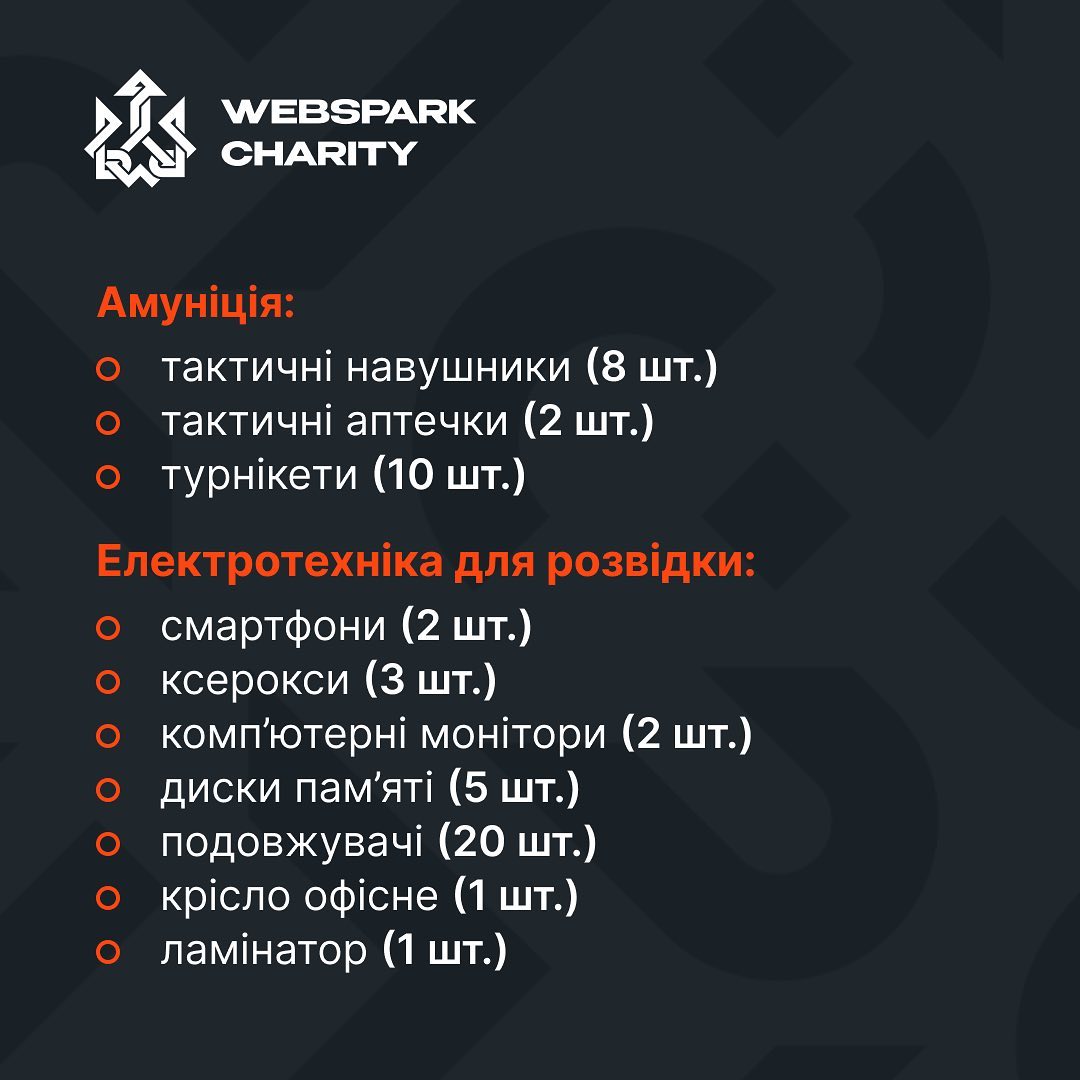 Компанія придбала на потреби ЗСУ:

- тактичні навушники (8 шт.).
- тактичні аптечки (2 шт.).
- турнікети (10 шт.).

Електроніка для розвідки:

- смартфони (2 шт.).
- ксерокси (3 шт.).
- комп'ютерні монітори (2 шт.).
- диски пам'яті (5 шт.).
- подовжувачі (20 шт.).
- крісло офісне (1 шт.).
- ламінатор (1 шт.).

Господарчі товари та побутова хімія:

- пральний порошок (10 уп.).
- вологі серветки (34 уп.).
- папір для друку (5 ящ.).

Продукти харчування:

- м'ясо (51 уп.).
- хлібці (34 уп.).
- енергетики (50 шт.).
- горішки (34 уп.).

Інші потреби:

- генератор (1 шт.).
- шкарпетки (70 пар).

