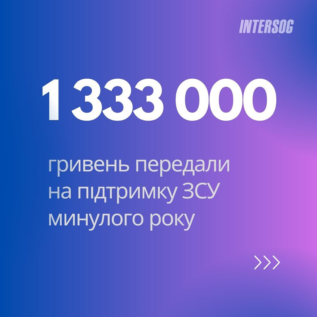 Intersog за 2023 рік передав на підтримку ЗСУ 1 333 000 грн. За ці кошти вони зробили;

- полагодили 3 автівки для ППО Одещини;
- допомагали із закупівлею медикаментів та аптечок тактичної медицини;
- купували тепловізор, зимову форму та особистий захист;
- скидались на Black Box;
- підтримували ТРО новими вогневими засобами.