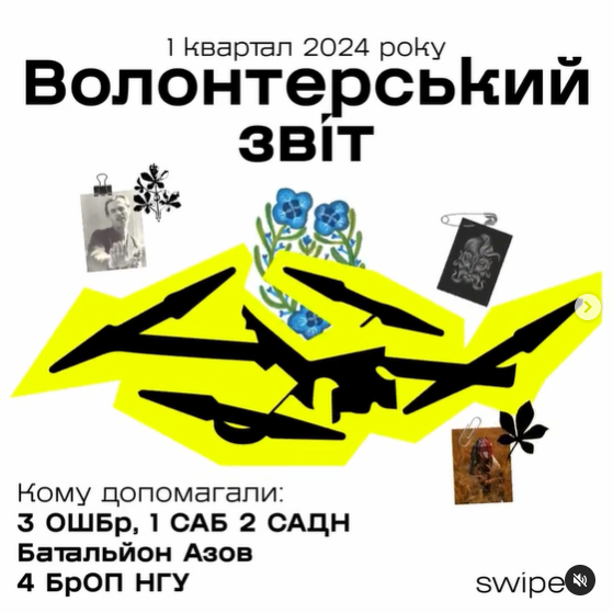 За перший квартал 2024 року NGM Agency:

x задонатила на збір на “теплі дрони” від Лачена;

а також придбала:

x2 Jeep Cherokee
x2 Старлінки
х1 РЕБ C-Vog
х1 Volkswagen Transporter T5 4x4
x2 Зарядні станції та генератори
х1 Автомобільний причіп
х1 Екіпірування для бійця